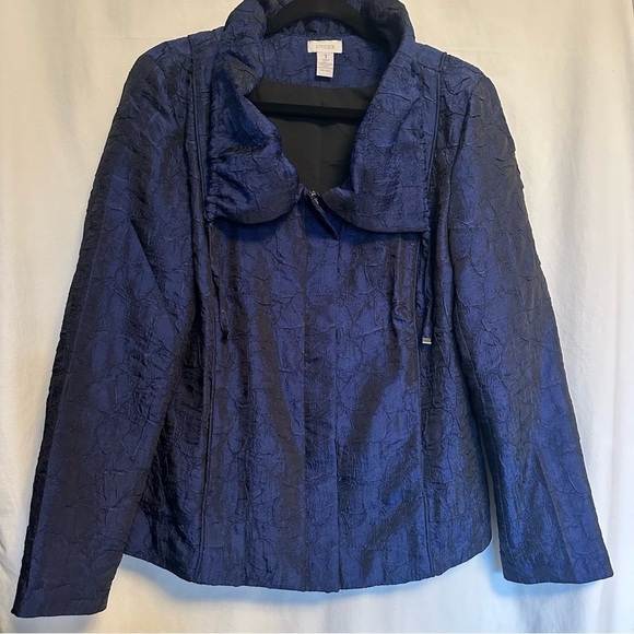 Vintage Chico’s Silky Feel Jacket Asian Style Jacket Metallic Blue Zip Up Sz 1 M - Picture 1 of 11